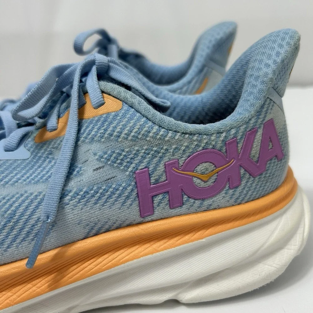 HOKA Clifton 9 Women's Running Shoes 7.5B Blue Orange Cushioned Road Trainers